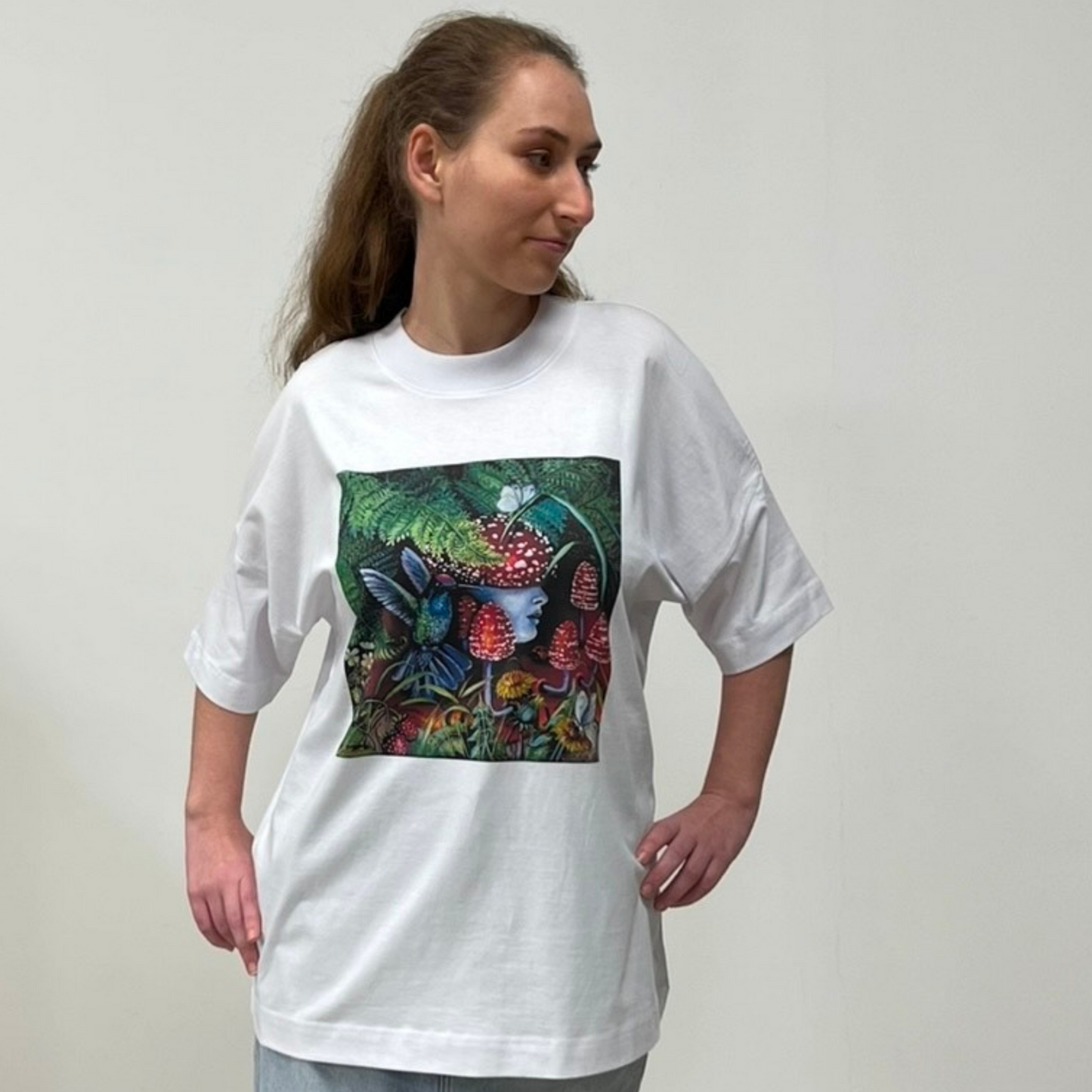 UNISEX OVERSIZE MARŠKINĖLIAI SPAUDINIU,,KOLIBRIS’’