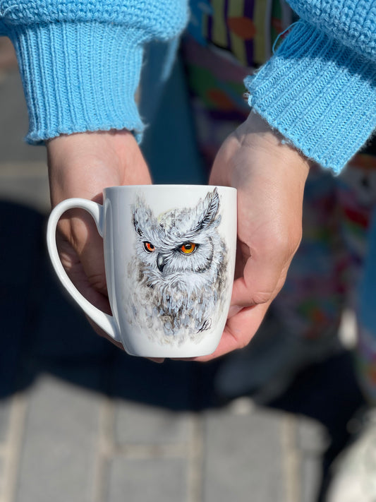 Rankų darbo porcelianinis puodelis su Pelėda| Tapyba ant porceliano | Unikali dovana