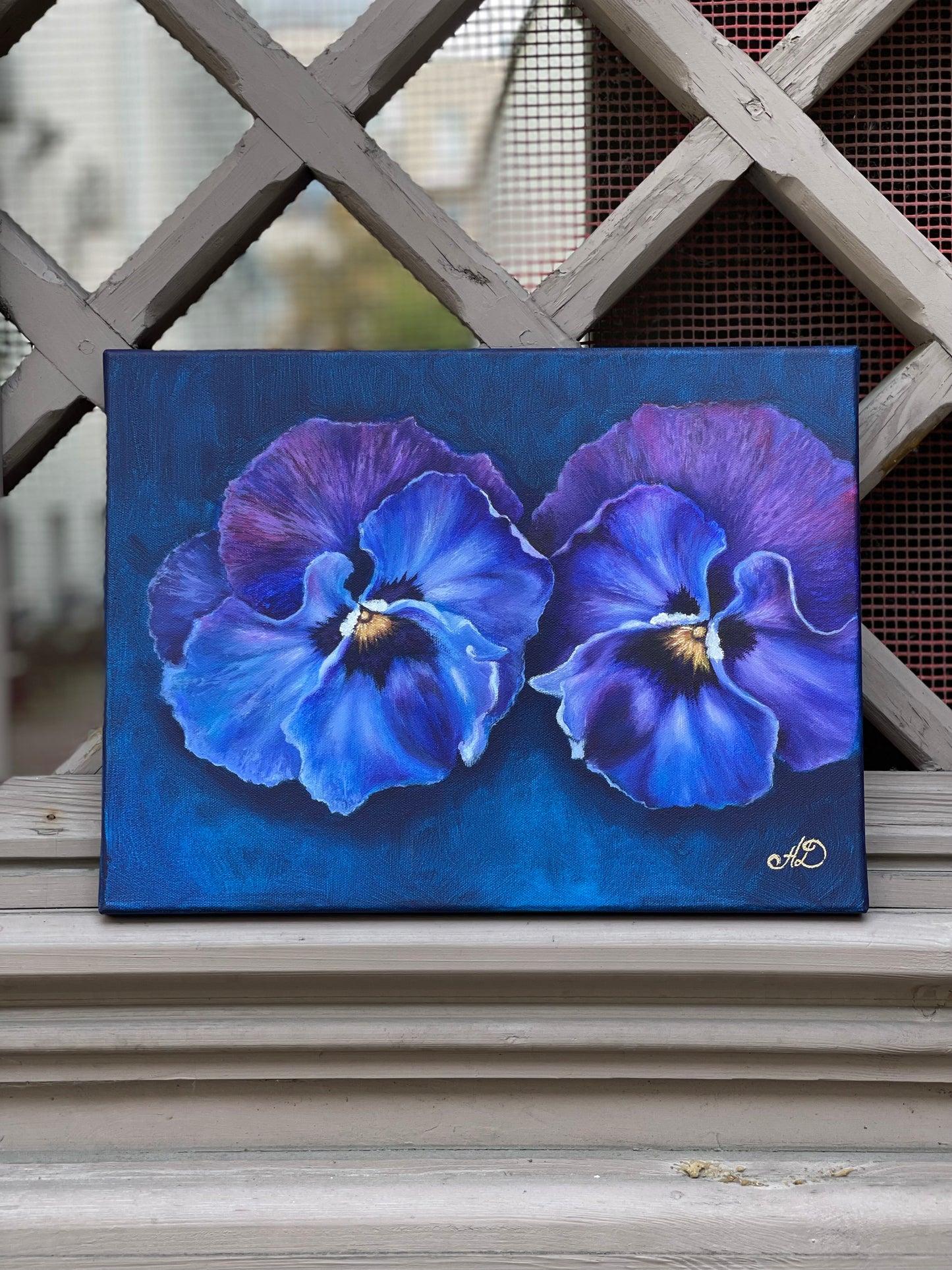 Mėlynas paveikslas „Dvi našlaitės“ | Originali tapyba ant drobės