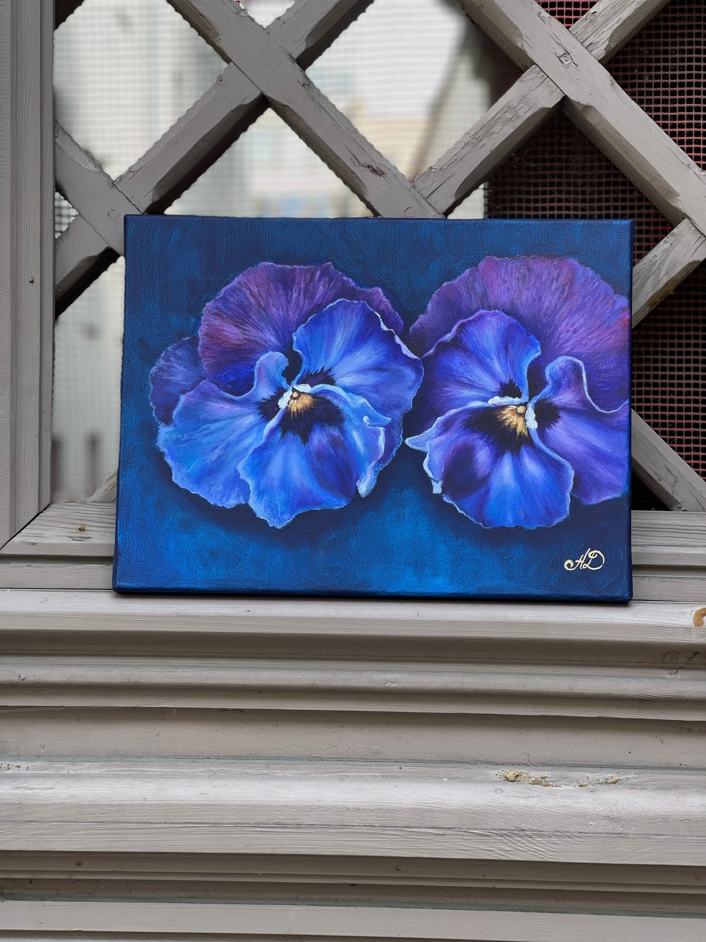 Mėlynas paveikslas „Dvi našlaitės“ | Originali tapyba ant drobės