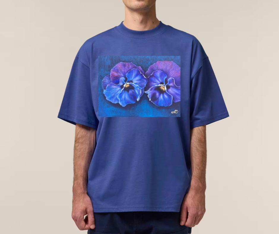 UNISEX OVERSIZE MARŠKINĖLIAI SU SPAUDINIU,, Mėlynos našlaitės"