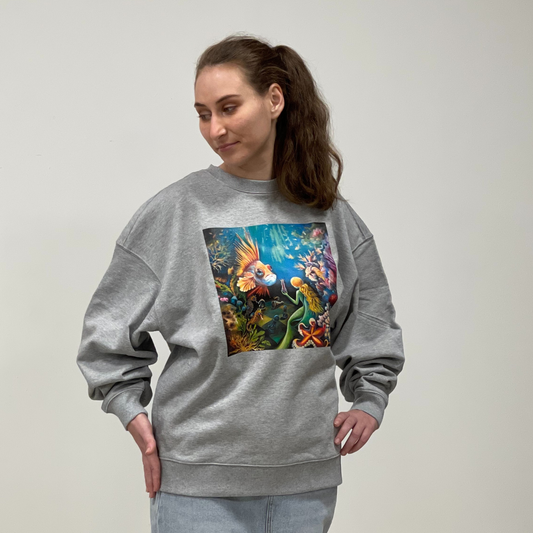 UNISEX OVERSIZE DŽEMPERIS SU MENINIU SPAUDINIU ,,ŠACHMATAI PO VANDENIU’’