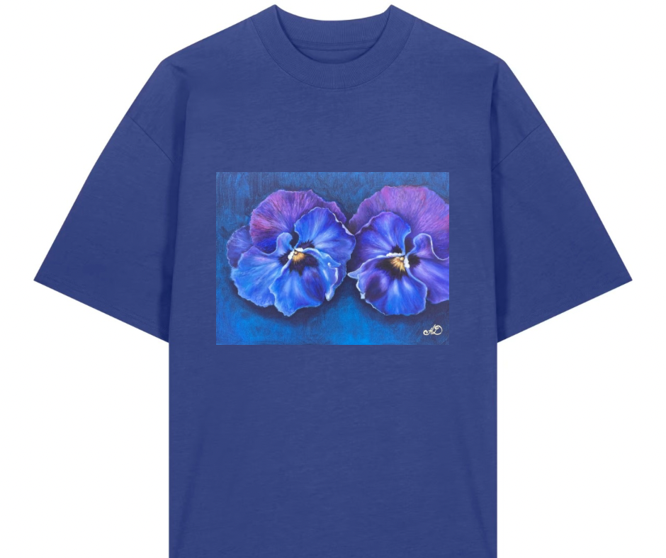 UNISEX OVERSIZE MARŠKINĖLIAI SU SPAUDINIU,, Mėlynos našlaitės"