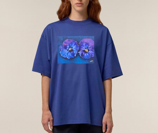 UNISEX OVERSIZE MARŠKINĖLIAI SU SPAUDINIU,, Mėlynos našlaitės"